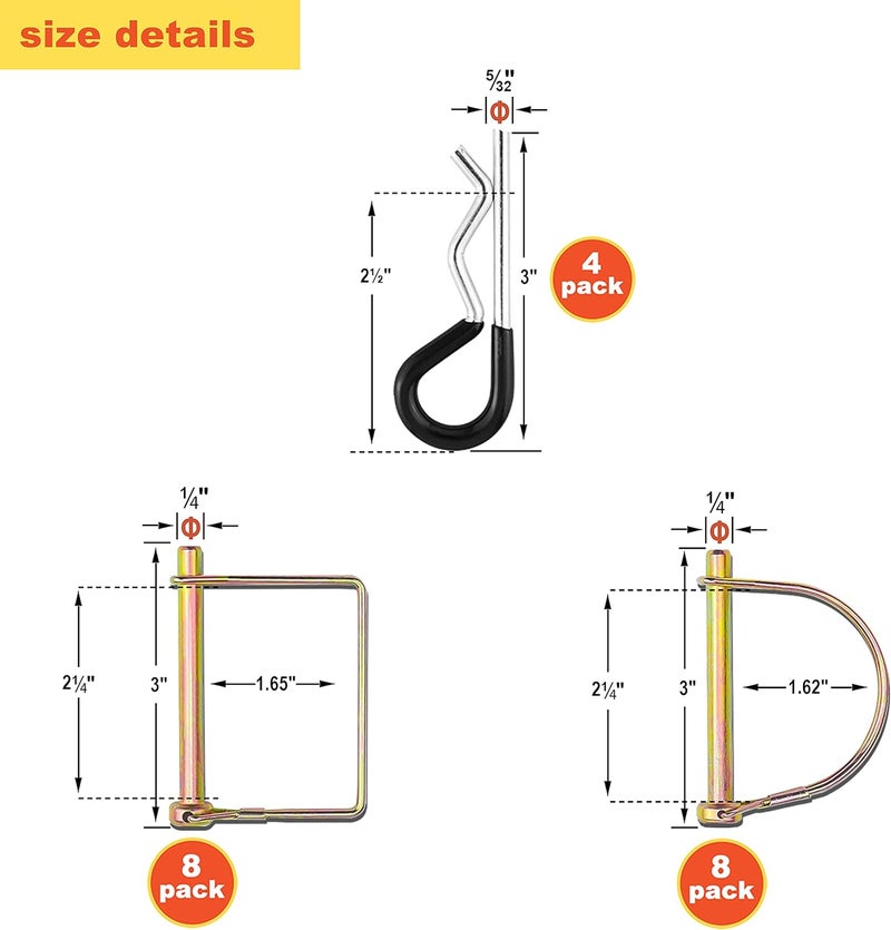 Wellmax 20 Pcs Shaft Locking Pin in 1/4 Diameter Zinc-Plated Heavy Duty Safety Pins, Bonus 4 Pcs Heavy Duty Trailer Hitch Pin for Trailer Lock and Hitch Pin Lock for Farm Lawn Garden Wagons (Gold) - Image 3